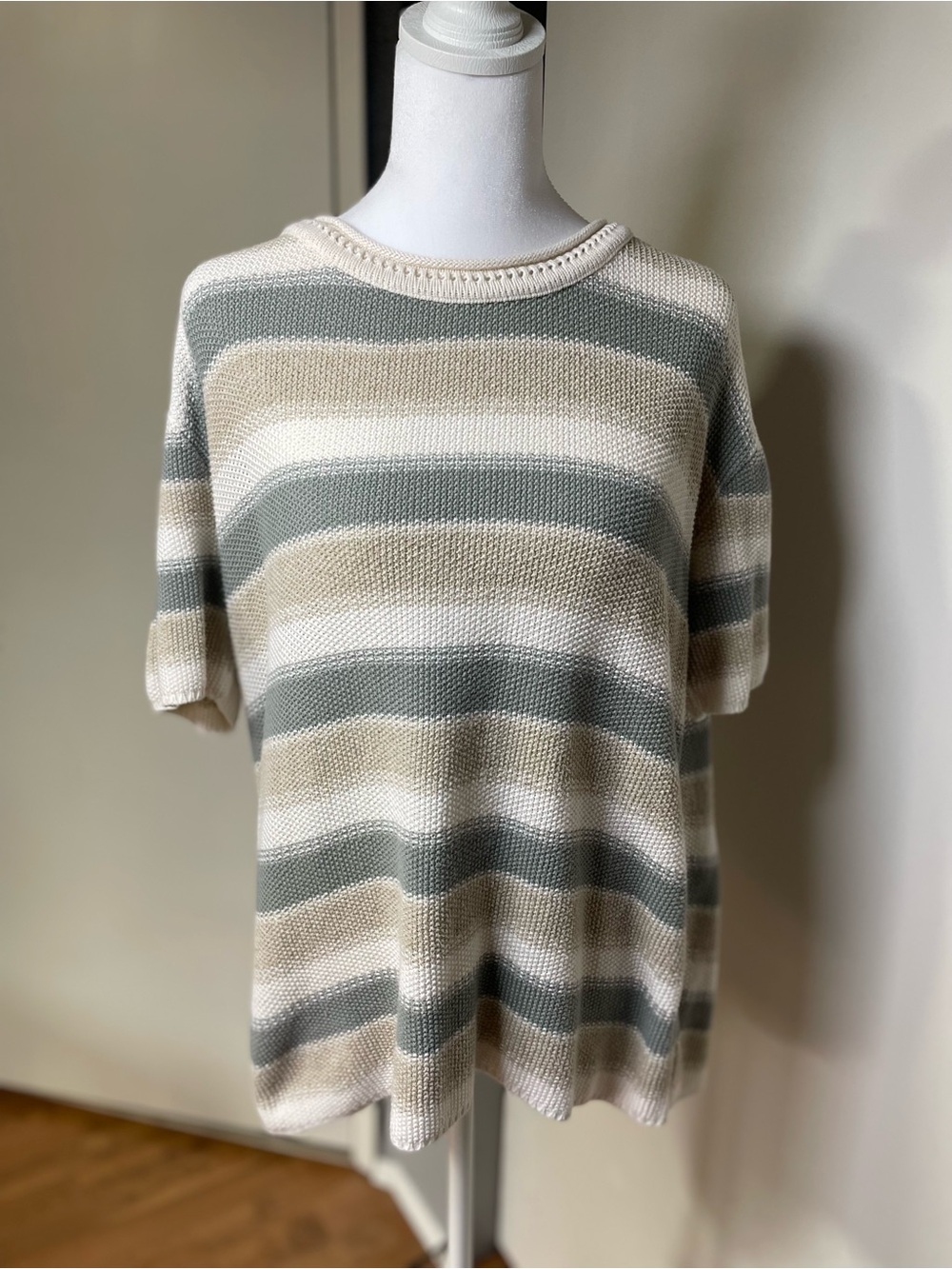 Forever Creative Cotton Cream, Sage & Beige Striped Short Sleeve Crew Sweater